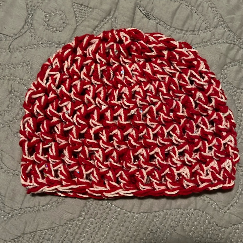 Handmade Toddler/Preschooler Red, White Glitter Holiday Crochet Beanie Hat